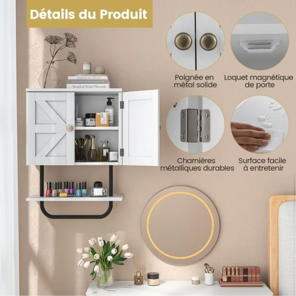Meuble de Salle de Bain Mural à 2 Portes avec Étagère et Porte-serviettes Armoire à Pharmacie Gain de Place Montage Facile 43 x 20 x 53 cm Blanc