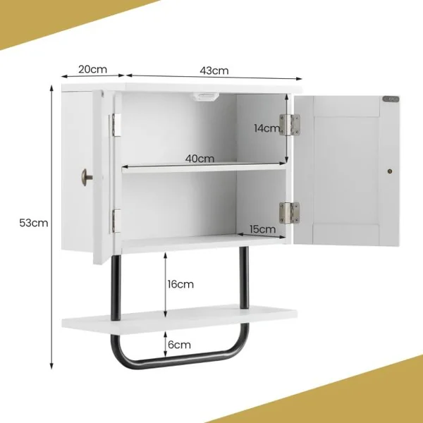Meuble de Salle de Bain Mural à 2 Portes avec Étagère et Porte-serviettes Armoire à Pharmacie Gain de Place Montage Facile 43 x 20 x 53 cm Blanc