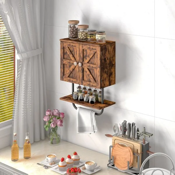 Meuble de Salle de Bain Mural à 2 Portes avec Étagère et Porte-serviettes Armoire à Pharmacie Gain de Place Montage Facile 43 x 20 x 53 cm Café