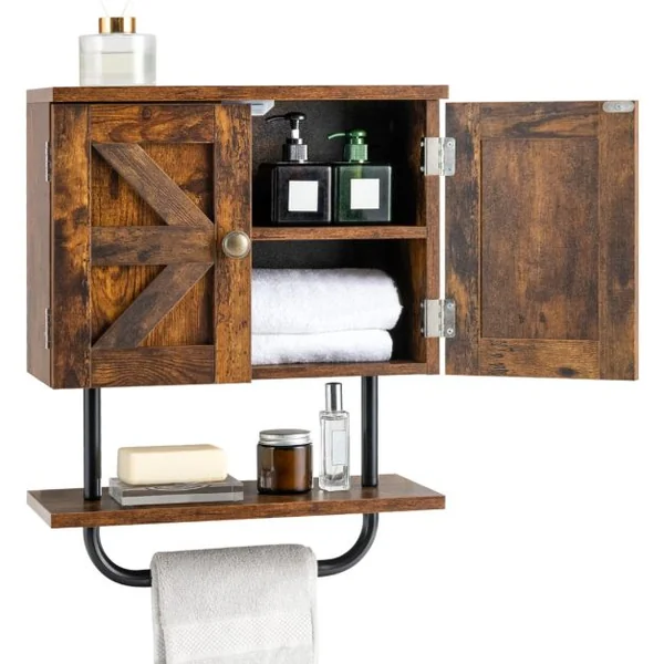 Meuble de Salle de Bain Mural à 2 Portes avec Étagère et Porte-serviettes Armoire à Pharmacie Gain de Place Montage Facile 43 x 20 x 53 cm Café