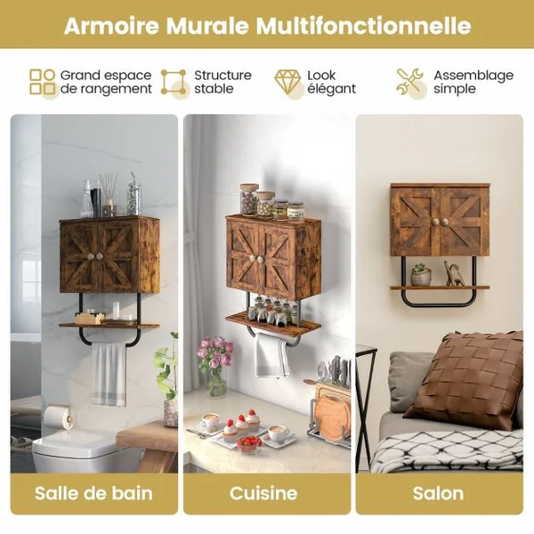 Meuble de Salle de Bain Mural à 2 Portes avec Étagère et Porte-serviettes Armoire à Pharmacie Gain de Place Montage Facile 43 x 20 x 53 cm Café