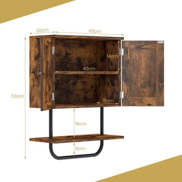 Meuble de Salle de Bain Mural à 2 Portes avec Étagère et Porte-serviettes Armoire à Pharmacie Gain de Place Montage Facile 43 x 20 x 53 cm Café