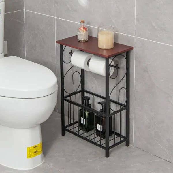Meuble de Salle de Bain - Support Papier Toilette + Panier de Rangement - Structure en Acier Anti-Rouille Décor Vintage