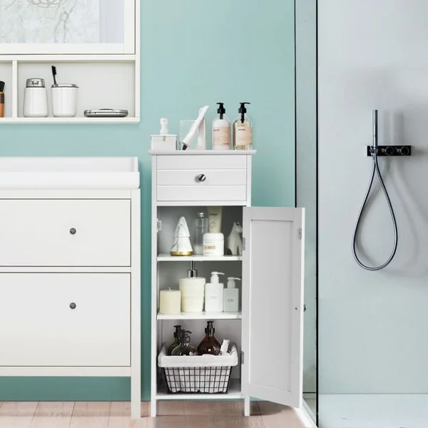 Meuble de Salle de Bain sur Pieds avec 1 Porte Tiroir 2 Étagères Réglables et Dispositif Anti-Dumping 35x30x87,5CM Blanc/Gris/Marron/Noir
