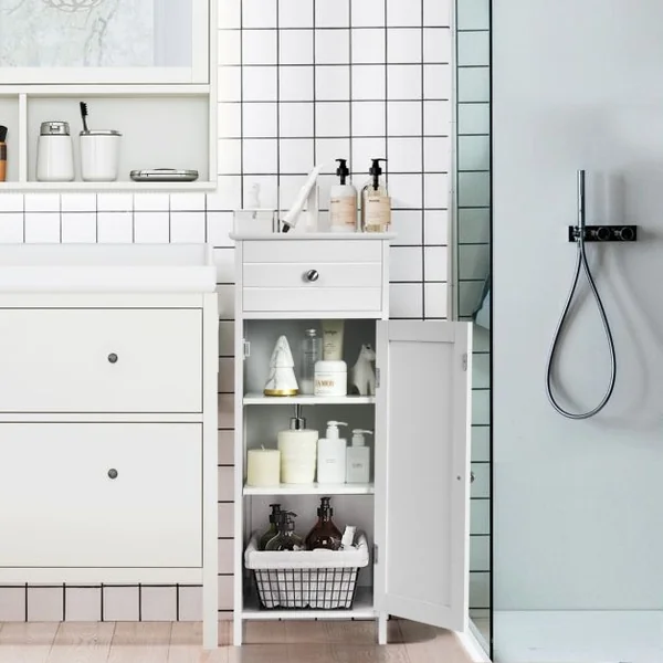 Meuble de Salle de Bain sur Pieds avec 1 Porte Tiroir 2 Étagères Réglables et Dispositif Anti-Dumping 35x30x87,5CM Blanc/Gris/Marron/Noir