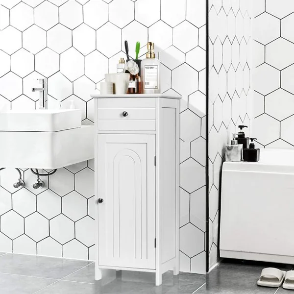 Meuble de Salle de Bain sur Pieds avec 1 Porte Tiroir 2 Étagères Réglables et Dispositif Anti-Dumping 35x30x87,5CM Blanc/Gris/Marron/Noir