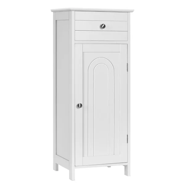 Meuble de Salle de Bain sur Pieds avec 1 Porte Tiroir 2 Étagères Réglables et Dispositif Anti-Dumping 35x30x87,5CM Blanc/Gris/Marron/Noir