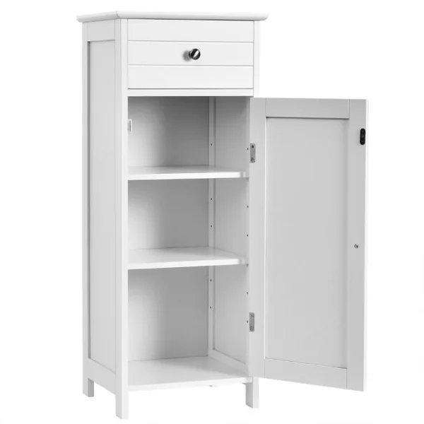 Meuble de Salle de Bain sur Pieds avec 1 Porte Tiroir 2 Étagères Réglables et Dispositif Anti-Dumping 35x30x87,5CM Blanc/Gris/Marron/Noir