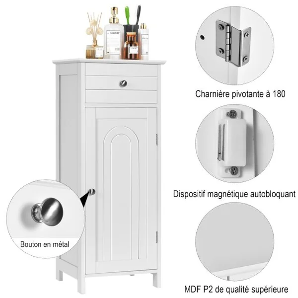 Meuble de Salle de Bain sur Pieds avec 1 Porte Tiroir 2 Étagères Réglables et Dispositif Anti-Dumping 35x30x87,5CM Blanc/Gris/Marron/Noir
