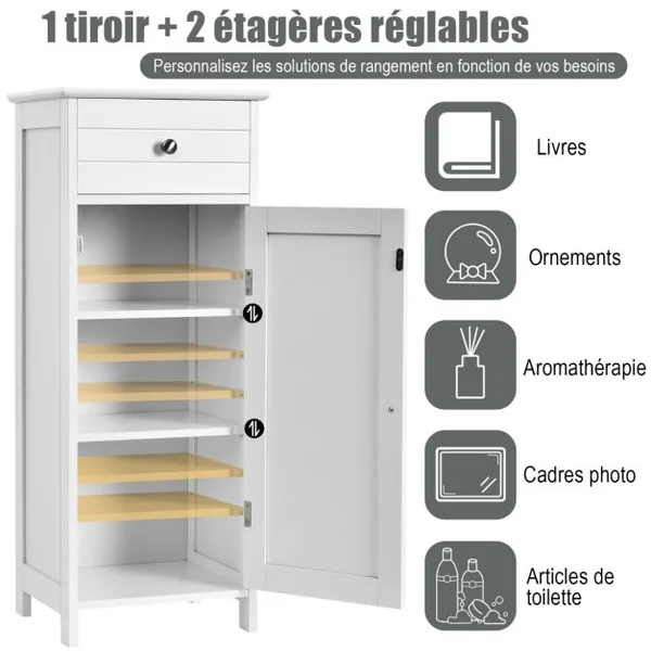 Meuble de Salle de Bain sur Pieds avec 1 Porte Tiroir 2 Étagères Réglables et Dispositif Anti-Dumping 35x30x87,5CM Blanc/Gris/Marron/Noir