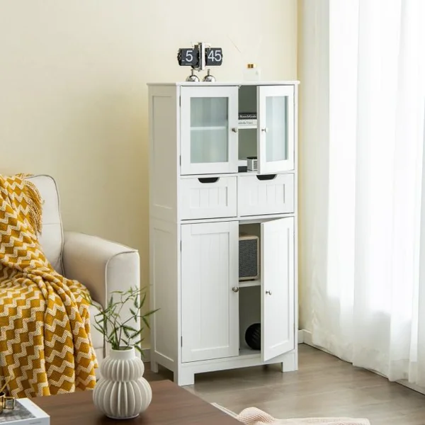 Meuble de Salle de Bain à 4 Portes 2 Tiroirs Colonne Salle de Bain Armoire Haute avec Étagères Réglables pour Salon Cuisine 60x30x128cm Gris/Blanc