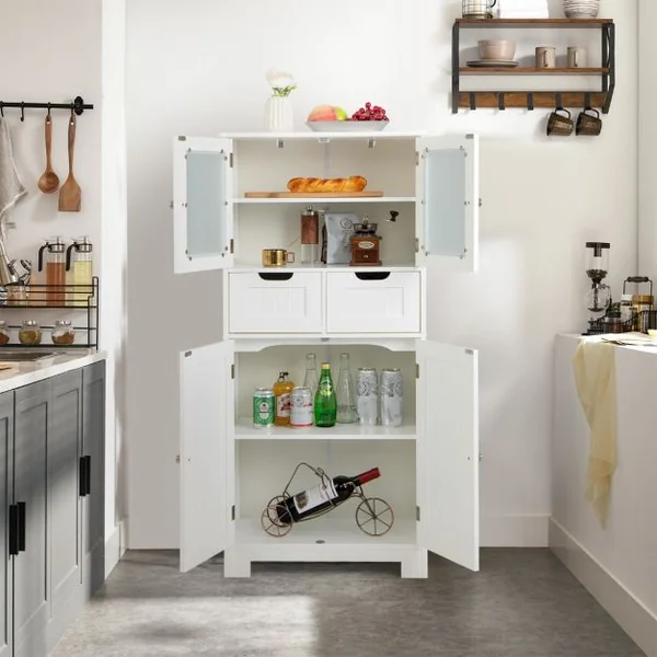Meuble de Salle de Bain à 4 Portes 2 Tiroirs Colonne Salle de Bain Armoire Haute avec Étagères Réglables pour Salon Cuisine 60x30x128cm Gris/Blanc