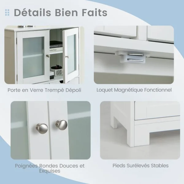 Meuble de Salle de Bain à 4 Portes 2 Tiroirs Colonne Salle de Bain Armoire Haute avec Étagères Réglables pour Salon Cuisine 60x30x128cm Gris/Blanc