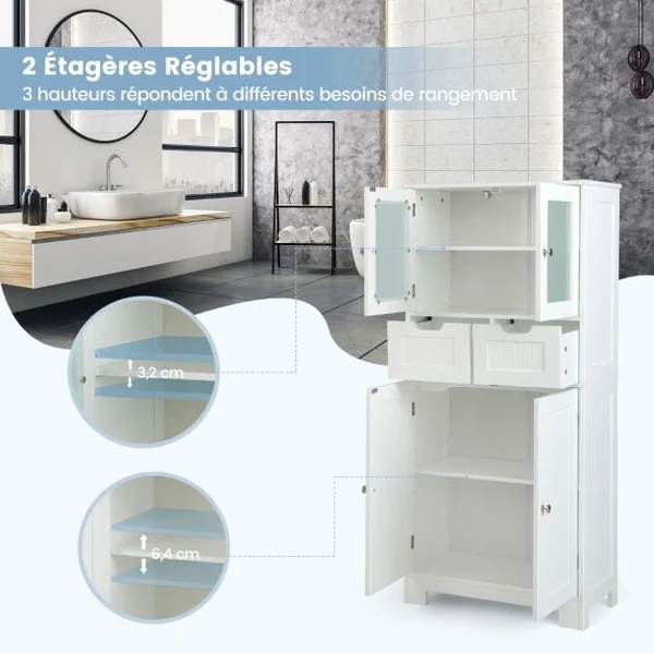 Meuble de Salle de Bain à 4 Portes 2 Tiroirs Colonne Salle de Bain Armoire Haute avec Étagères Réglables pour Salon Cuisine 60x30x128cm Gris/Blanc