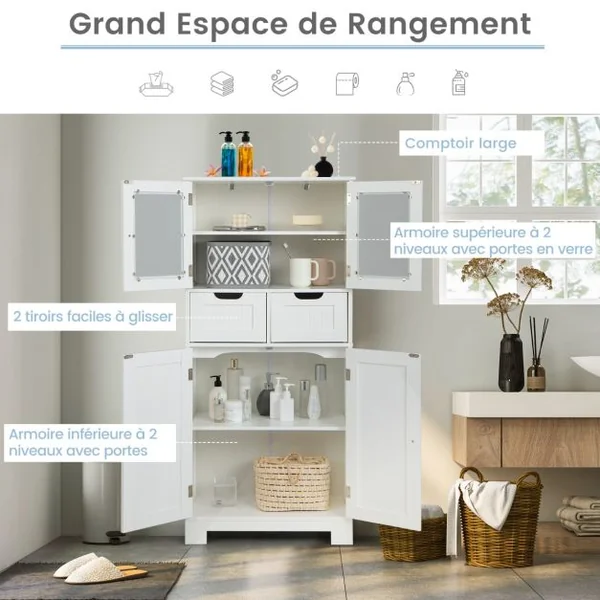Meuble de Salle de Bain à 4 Portes 2 Tiroirs Colonne Salle de Bain Armoire Haute avec Étagères Réglables pour Salon Cuisine 60x30x128cm Gris/Blanc