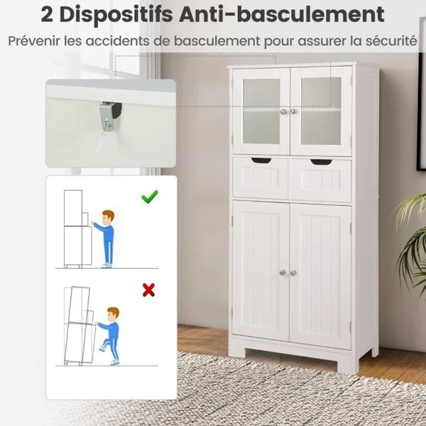 Meuble de Salle de Bain à 4 Portes 2 Tiroirs Colonne Salle de Bain Armoire Haute avec Étagères Réglables pour Salon Cuisine 60x30x128cm Gris/Blanc