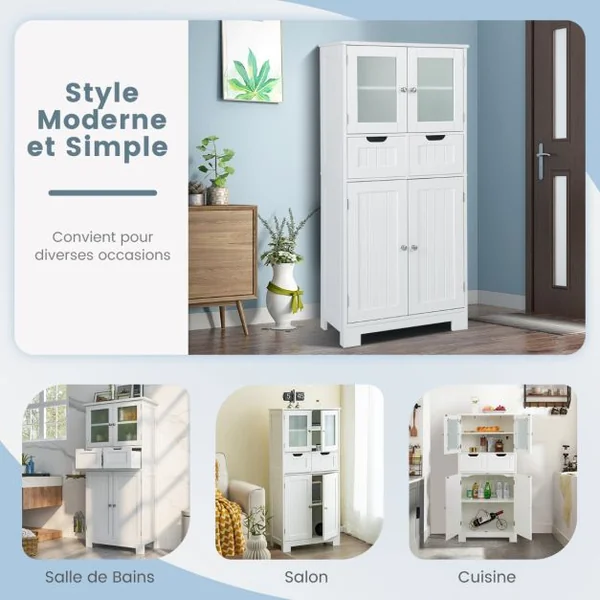 Meuble de Salle de Bain à 4 Portes 2 Tiroirs Colonne Salle de Bain Armoire Haute avec Étagères Réglables pour Salon Cuisine 60x30x128cm Gris/Blanc