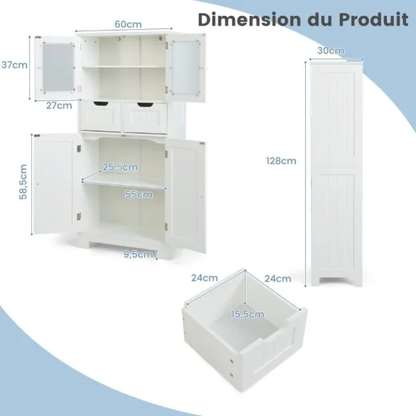 Meuble de Salle de Bain à 4 Portes 2 Tiroirs Colonne Salle de Bain Armoire Haute avec Étagères Réglables pour Salon Cuisine 60x30x128cm Gris/Blanc