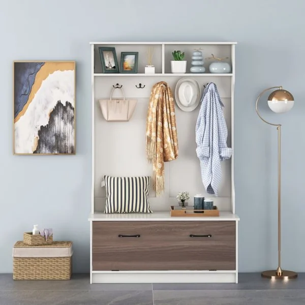 Meuble d'Entrée avec Porte Manteaux, Armoire à Chaussures, Banc et 2 Compartiments de Rangement 100 x 40 x 160 CM Noir/Blanc/Gris