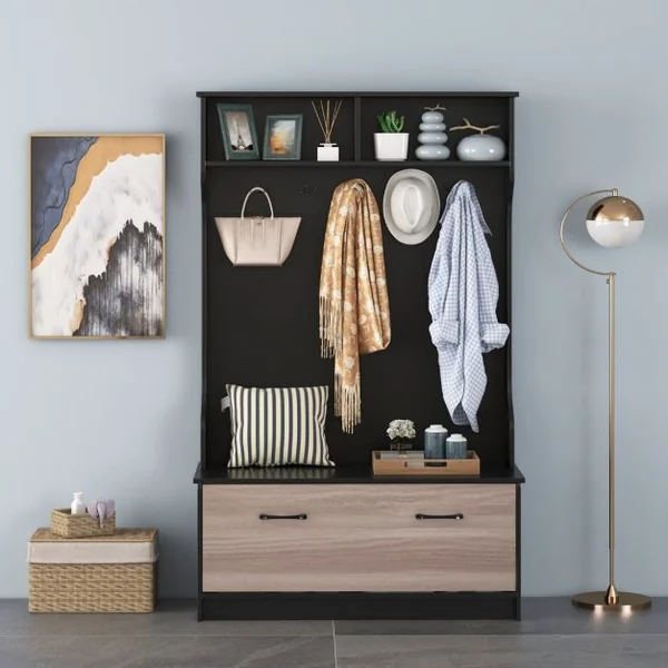 Meuble d'Entrée avec Porte Manteaux, Armoire à Chaussures, Banc et 2 Compartiments de Rangement 100 x 40 x 160 CM Noir/Blanc/Gris