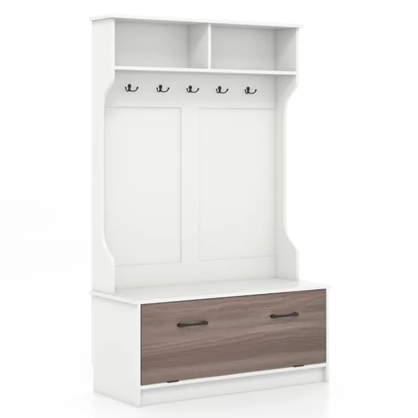 Meuble d'Entrée avec Porte Manteaux, Armoire à Chaussures, Banc et 2 Compartiments de Rangement 100 x 40 x 160 CM Noir/Blanc/Gris