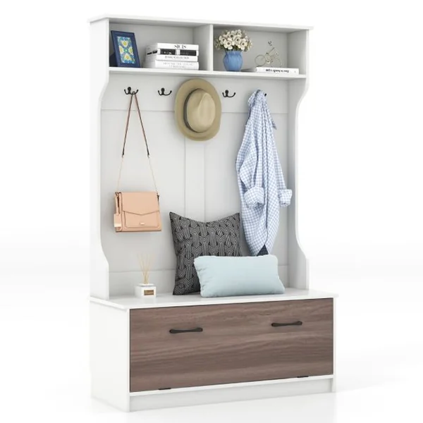 Meuble d'Entrée avec Porte Manteaux, Armoire à Chaussures, Banc et 2 Compartiments de Rangement 100 x 40 x 160 CM Noir/Blanc/Gris