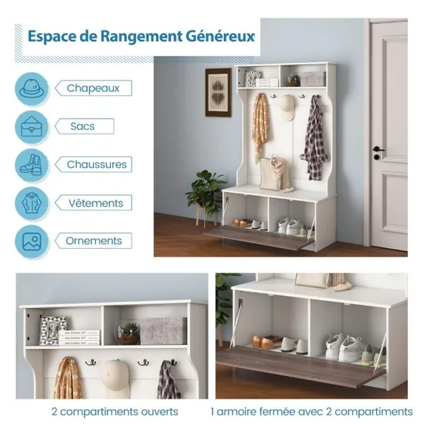 Meuble d'Entrée avec Porte Manteaux, Armoire à Chaussures, Banc et 2 Compartiments de Rangement 100 x 40 x 160 CM Noir/Blanc/Gris