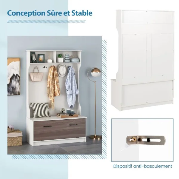 Meuble d'Entrée avec Porte Manteaux, Armoire à Chaussures, Banc et 2 Compartiments de Rangement 100 x 40 x 160 CM Noir/Blanc/Gris