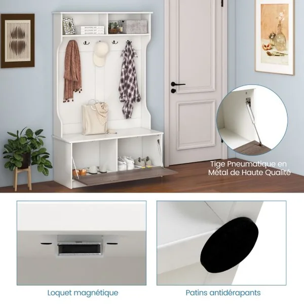 Meuble d'Entrée avec Porte Manteaux, Armoire à Chaussures, Banc et 2 Compartiments de Rangement 100 x 40 x 160 CM Noir/Blanc/Gris