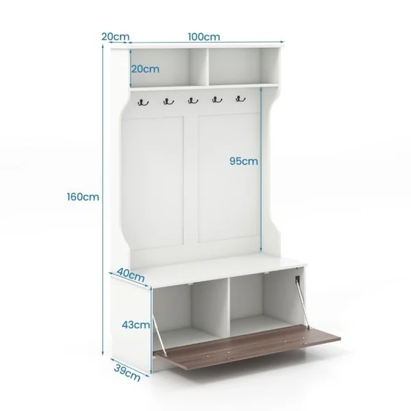 Meuble d'Entrée avec Porte Manteaux, Armoire à Chaussures, Banc et 2 Compartiments de Rangement 100 x 40 x 160 CM Noir/Blanc/Gris