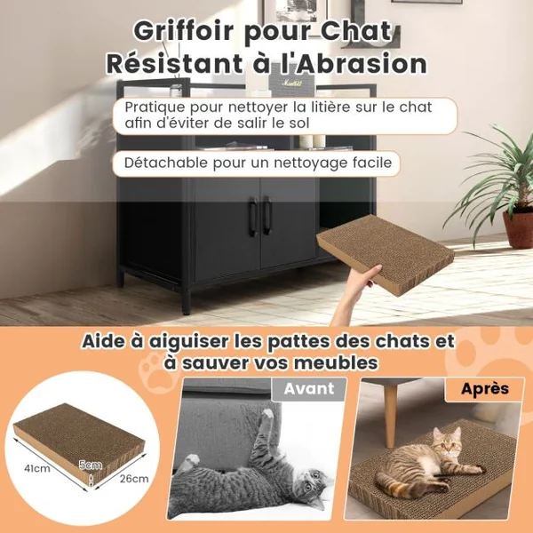 Meuble Litiere Chat Griffoir Amovible Maison de Toilette Chat Anti-basculement Structure Métal Antirouille 89x45x74,5cm 4 Couleur à Choix