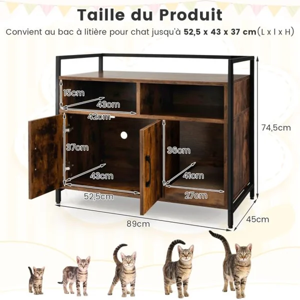 Meuble Litiere Chat Griffoir Amovible Maison de Toilette Chat Anti-basculement Structure Métal Antirouille 89x45x74,5cm 4 Couleur à Choix