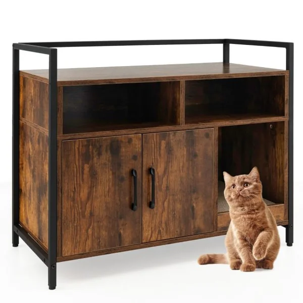 Meuble Litiere Chat Griffoir Amovible Maison de Toilette Chat Anti-basculement Structure Métal Antirouille 89x45x74,5cm 4 Couleur à Choix