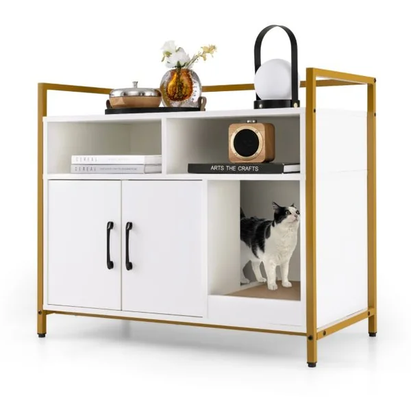 Meuble Litiere Chat Griffoir Amovible Maison de Toilette Chat Anti-basculement Structure Métal Antirouille 89x45x74,5cm 4 Couleur à Choix
