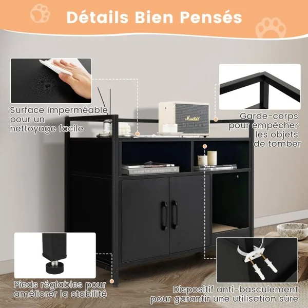 Meuble Litiere Chat Griffoir Amovible Maison de Toilette Chat Anti-basculement Structure Métal Antirouille 89x45x74,5cm 4 Couleur à Choix