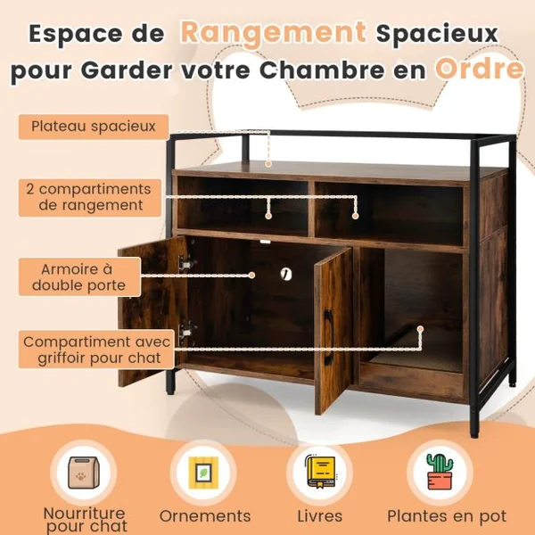 Meuble Litiere Chat Griffoir Amovible Maison de Toilette Chat Anti-basculement Structure Métal Antirouille 89x45x74,5cm 4 Couleur à Choix