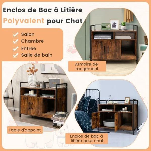 Meuble Litiere Chat Griffoir Amovible Maison de Toilette Chat Anti-basculement Structure Métal Antirouille 89x45x74,5cm 4 Couleur à Choix