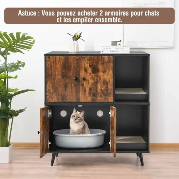Meuble Moderne pour Bac à Litière pour Chat Armoire à double Porte Étagère Ouverte pour Chat Armoire de Toilette pour Chat