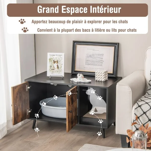 Meuble Moderne pour Bac à Litière pour Chat Armoire à double Porte Étagère Ouverte pour Chat Armoire de Toilette pour Chat