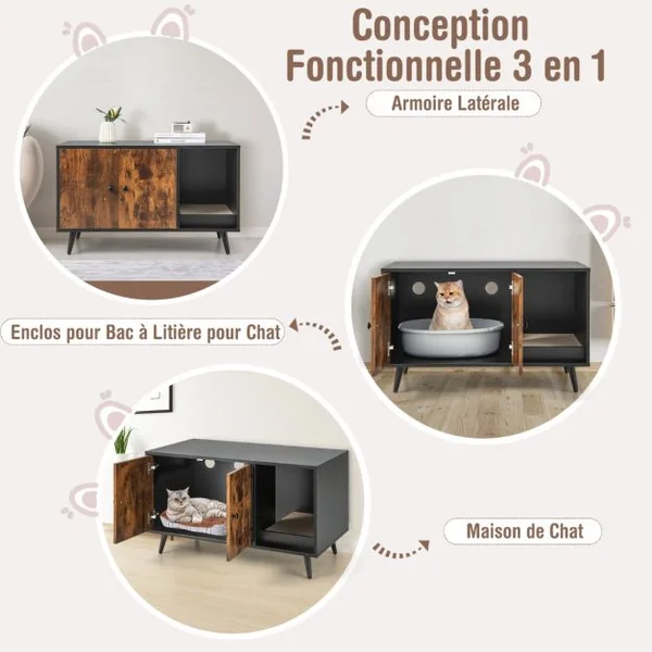 Meuble Moderne pour Bac à Litière pour Chat Armoire à double Porte Étagère Ouverte pour Chat Armoire de Toilette pour Chat