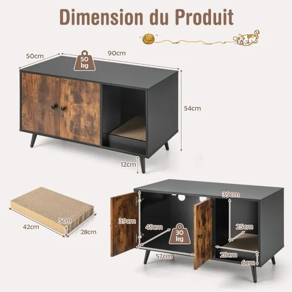 Meuble Moderne pour Bac à Litière pour Chat Armoire à double Porte Étagère Ouverte pour Chat Armoire de Toilette pour Chat