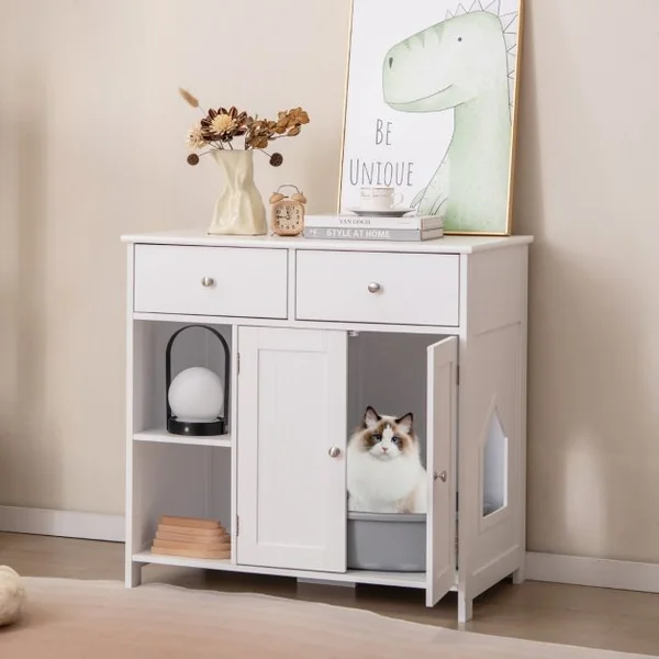 Meuble Pour Bac à Litière Caché avec Rangement Armoire en Bois avec Portes et 2 Tiroirs Etagères Ouvertes Kits Anti-basculement Blanc