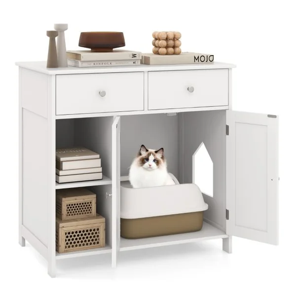Meuble Pour Bac à Litière Caché avec Rangement Armoire en Bois avec Portes et 2 Tiroirs Etagères Ouvertes Kits Anti-basculement Blanc