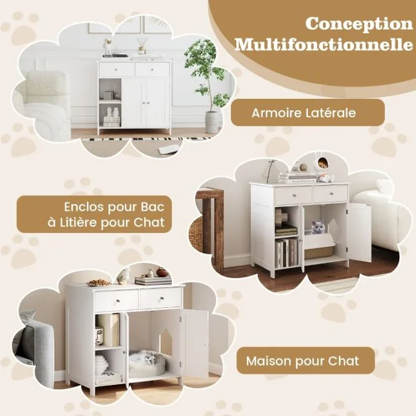Meuble Pour Bac à Litière Caché avec Rangement Armoire en Bois avec Portes et 2 Tiroirs Etagères Ouvertes Kits Anti-basculement Blanc