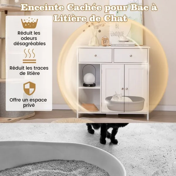 Meuble Pour Bac à Litière Caché avec Rangement Armoire en Bois avec Portes et 2 Tiroirs Etagères Ouvertes Kits Anti-basculement Blanc