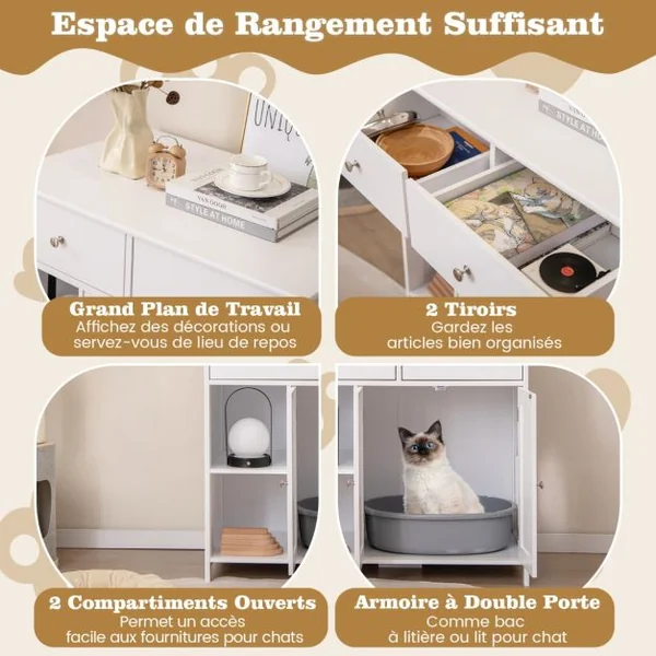 Meuble Pour Bac à Litière Caché avec Rangement Armoire en Bois avec Portes et 2 Tiroirs Etagères Ouvertes Kits Anti-basculement Blanc