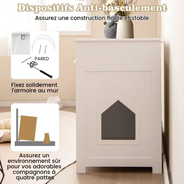 Meuble Pour Bac à Litière Caché avec Rangement Armoire en Bois avec Portes et 2 Tiroirs Etagères Ouvertes Kits Anti-basculement Blanc