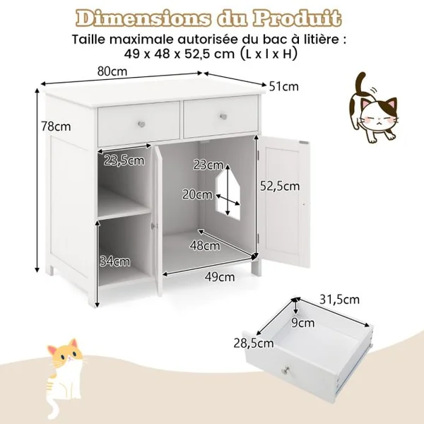 Meuble Pour Bac à Litière Caché avec Rangement Armoire en Bois avec Portes et 2 Tiroirs Etagères Ouvertes Kits Anti-basculement Blanc