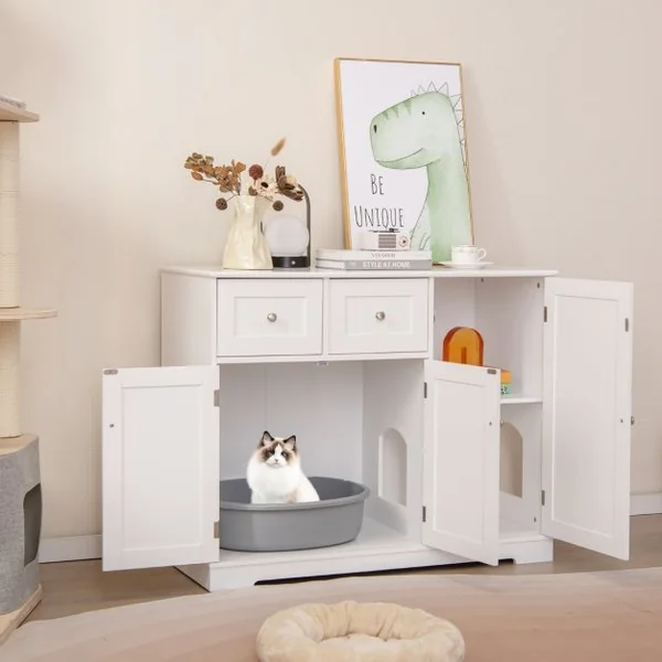 Meuble Pour Bac à Litière Caché avec Rangement Armoire pour Chat en Bois avec 3 Portes et 2 Tiroirs Kits Anti-basculement