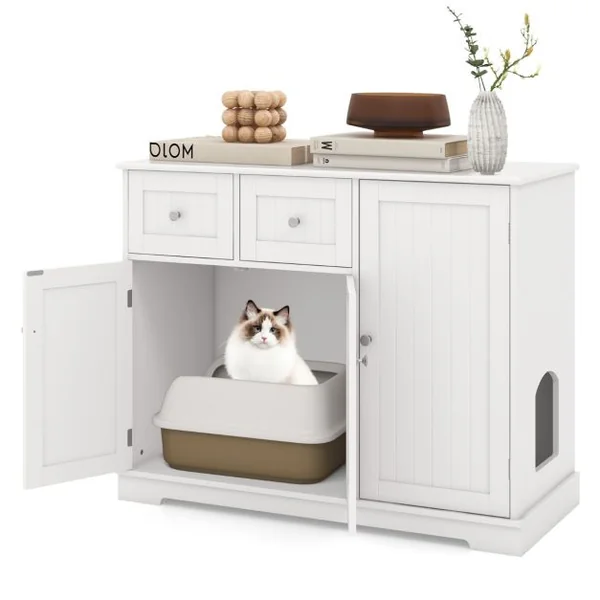 Meuble Pour Bac à Litière Caché avec Rangement Armoire pour Chat en Bois avec 3 Portes et 2 Tiroirs Kits Anti-basculement